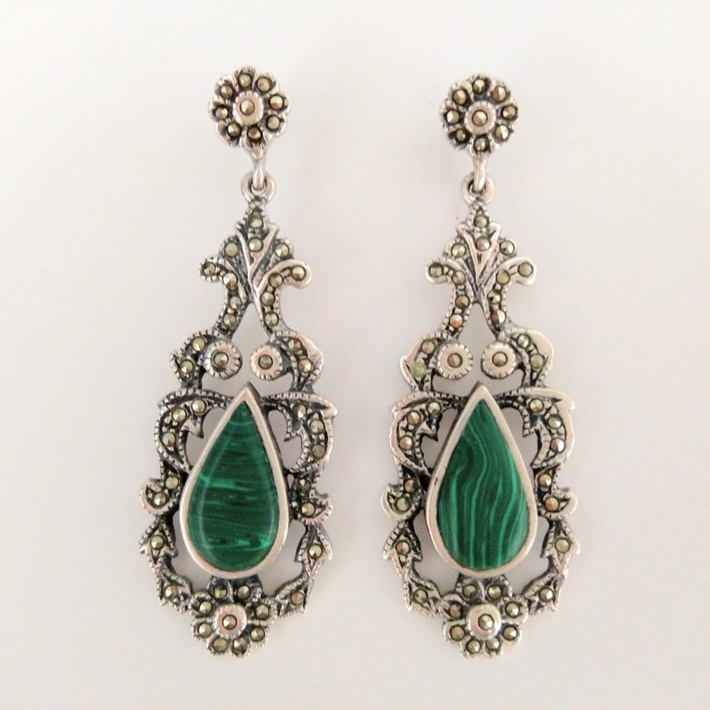 Earrings - Genuine GREEN MALACHITE & Sterling Silver!